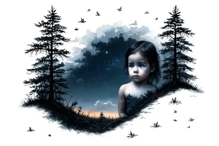 Dark Forest With Baby Bare Night Sky And Portrait On Sky