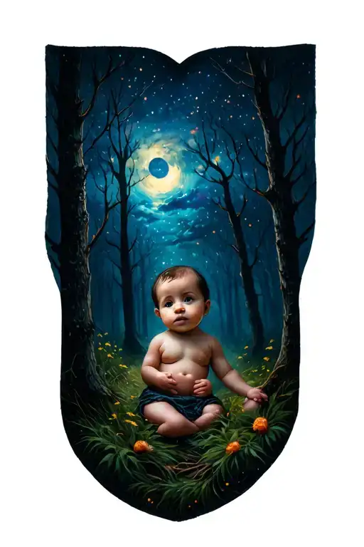 Dark Forest With Baby Bare Night Sky And Portrait On Sky