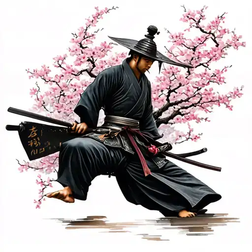 Samurai With Dojo And Cherry Blossom
