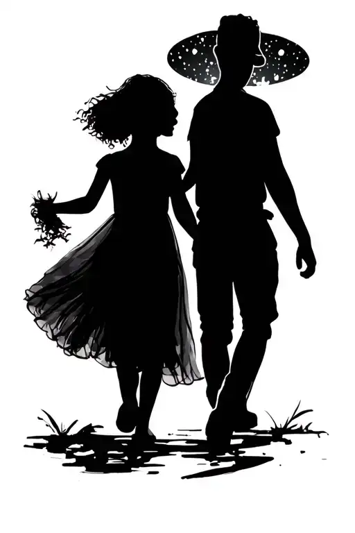Silhouette Of A Father And Daughter Walking And Holding Hands