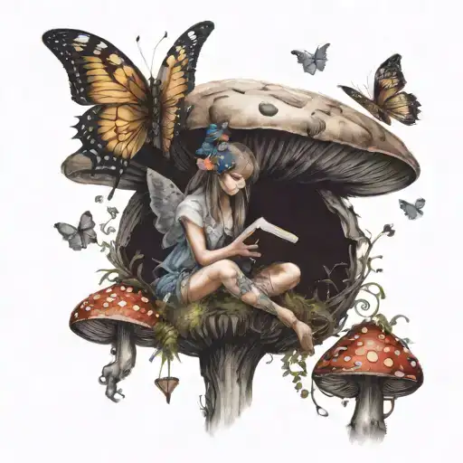 Fairy Sitting On A Mushroom Reading A Book With Butterflies Flying Around