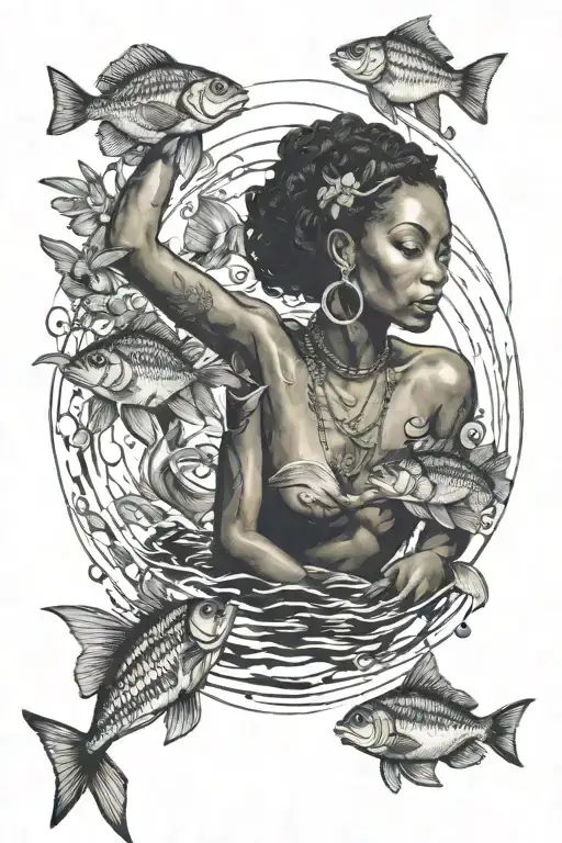 Fishes Swimming In A Circle African Woman Sitting