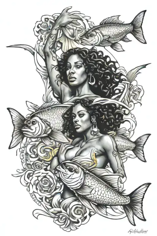Pisces Fish Swimming With African American Woman Show Strength