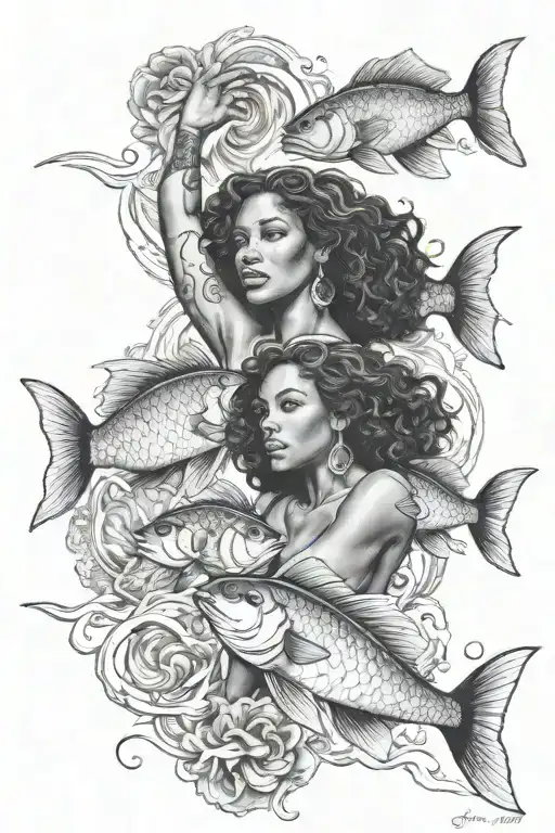 Pisces Fish Swimming With African American Woman Show Strength