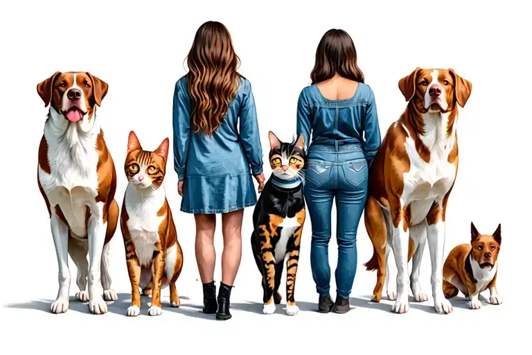 Woman And 4 Dogs And 2 Cats All Seen From Behind Standing Together