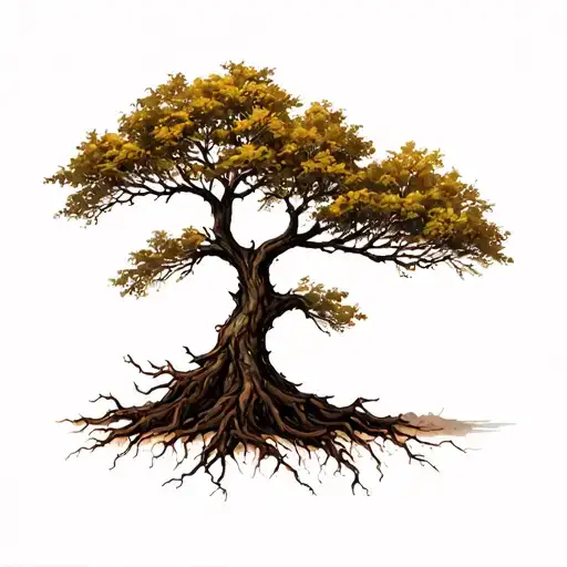 A Small Dry Tree With High Roots In The Soil