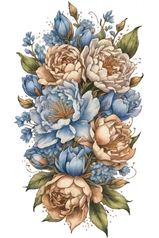 A Peony And Larkspur Bouquet Intertwined With Paintbrushes And Splashes Of Orange Paint