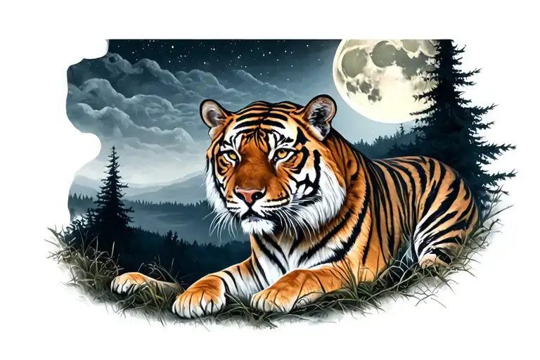 Tiger Tattoo Under The Moon In The Forest Scene