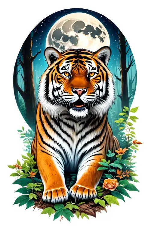 Tiger Tattoo Under The Moon In The Forest Scene
