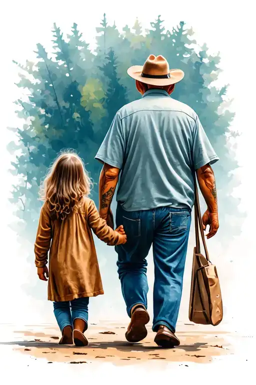 Grandpa Walking Away With Granddaughter Looking