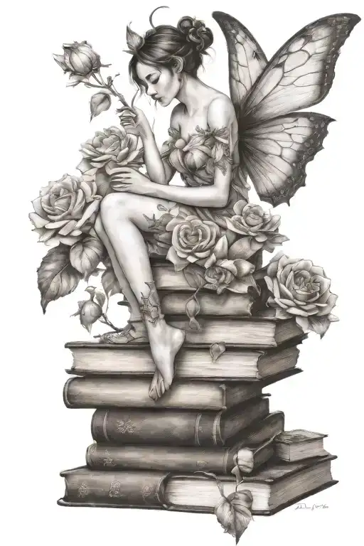 Female Fairy Sitting On Books Growing As Flowers