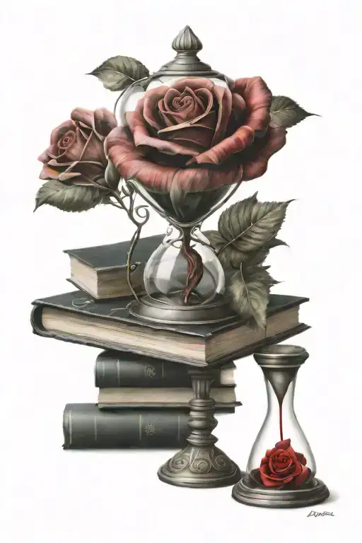 Beauty And Beast Hour Glass With Red Rose Inside Sitting On Top Of A Stack Of Books