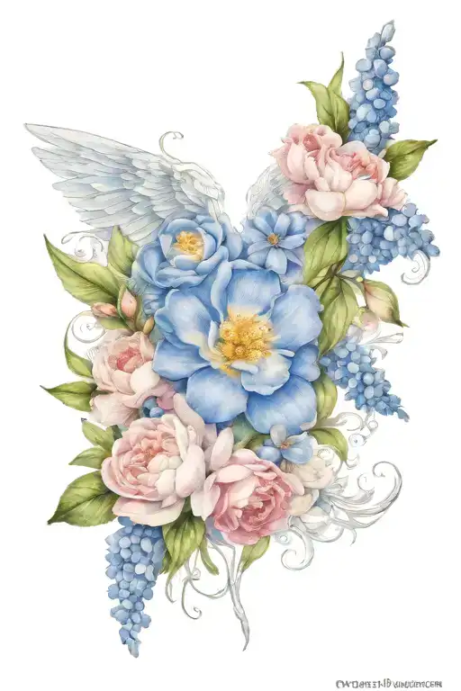 Angel Wings Surrounded By Larkspur And Peony Flowers