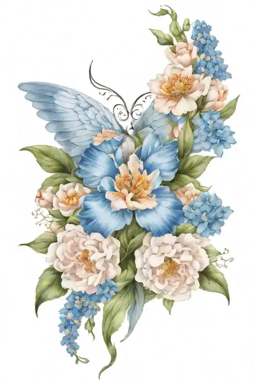 Angel Wings Surrounded By Larkspur And Peony Flowers