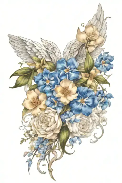 Angel Wings Surrounded By Larkspur And Peony Flowers