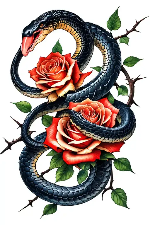 Twin Cobras And Rose With Thorn Vine