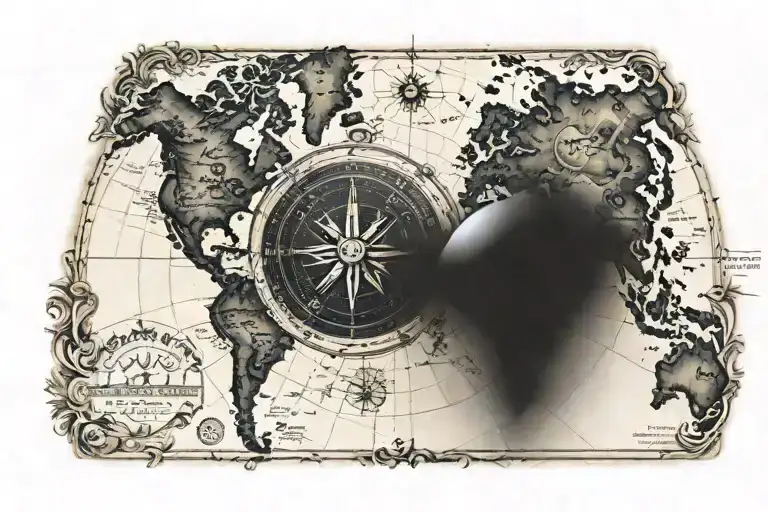 Antique World Map With Compass In Center