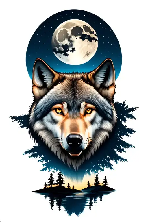 Wolf Face With A Moon Above And Trees Below
