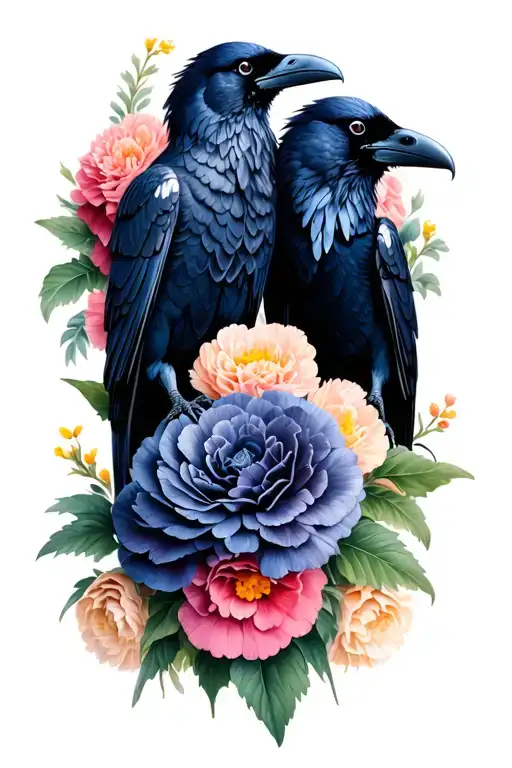 Two Ravens Perched On Carnations Flowers