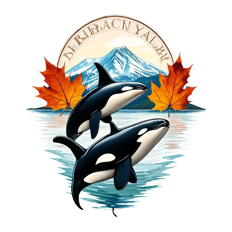 Orcas With Mountain In A Maple Leaf