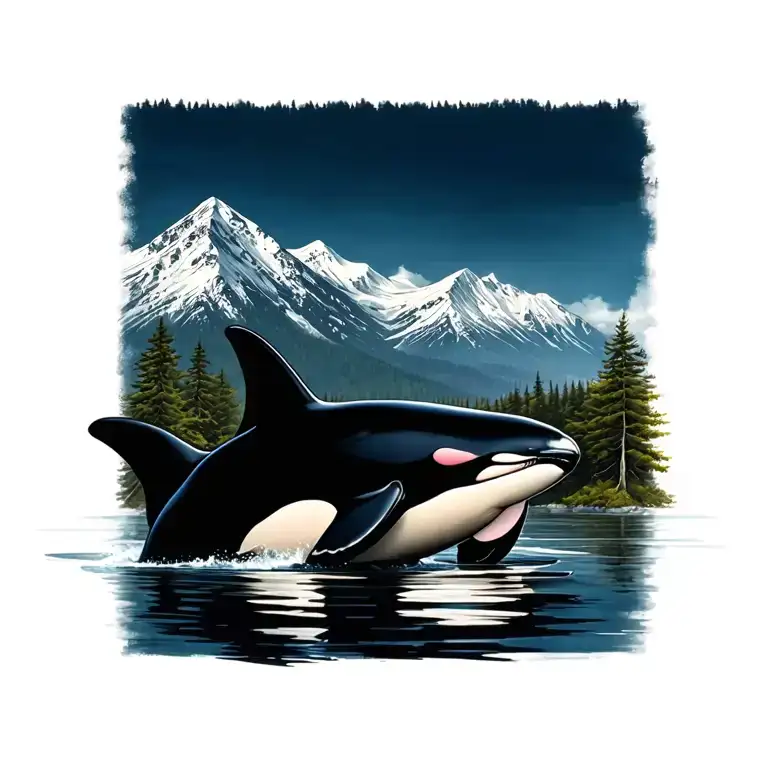 Orcas With Mountain In A Maple Leaf