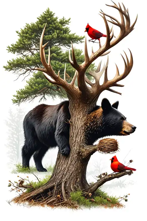 Buck Under Tree With One Black Bear Beehive And Cardinals