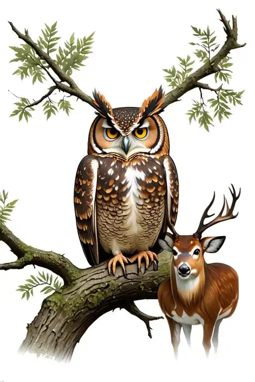 Owl Perched In A Tree With A Deer Behind And Nature
