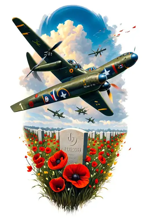 Lancaster Bomber Flying With Spitfires Dropping Poppies On A Military Grave Yard