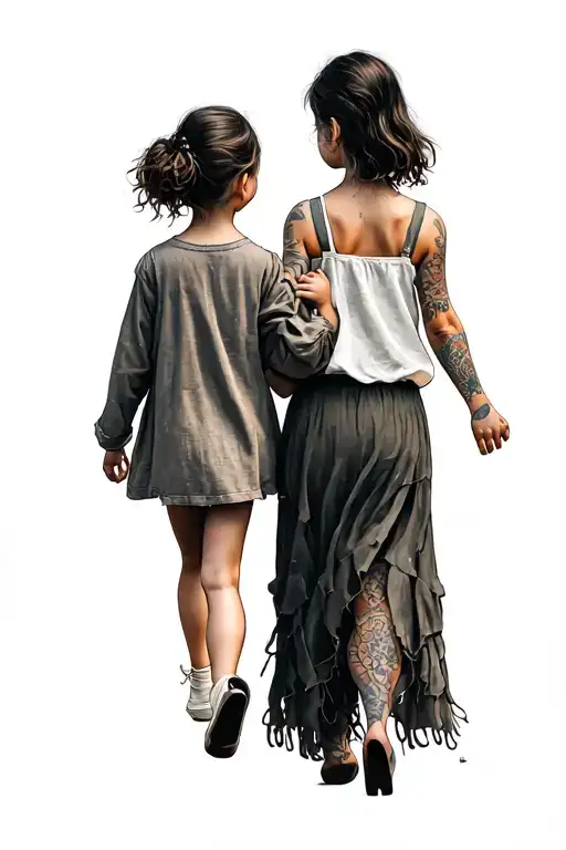 Little Girl Holding A Womans Hand Walking Away