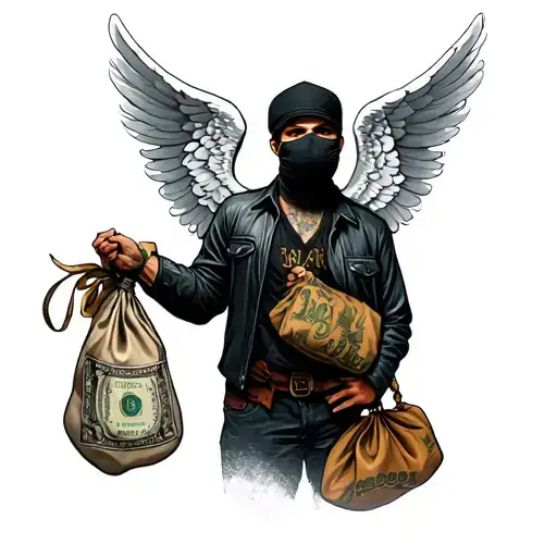 Gangster Angel With Ski Mask And A Money Bag Holding