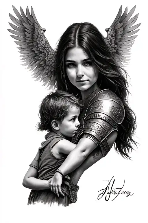 Female Warrior Holding Kids Hand