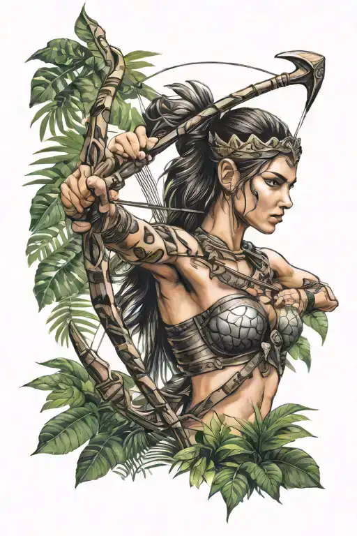 Female Warrior Holding Bow And Arrow Weapon Surrounded By Jungle Leafs Background