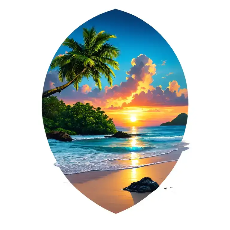 Costa Rica's National Tree On A Sunset Beach With Island In Distance And Palm