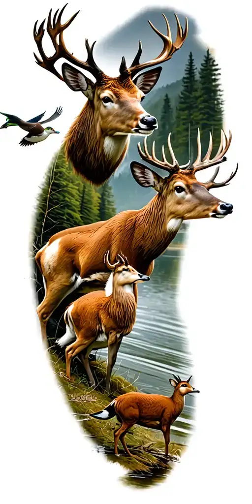 Hunting Scenes With Deer And Duck Flying