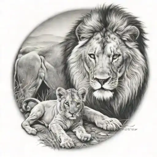 Lion And Cub Staring With Lioness