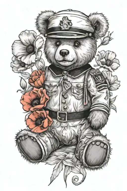 Teddy Bear With Poppy Flowers Dressed In A Naval Uniform