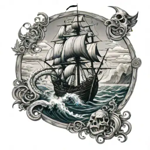 Ocean With Pirate Ship And Kraken Emerging