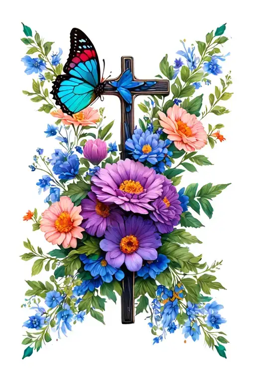 Cross With Flowers And Butterflies