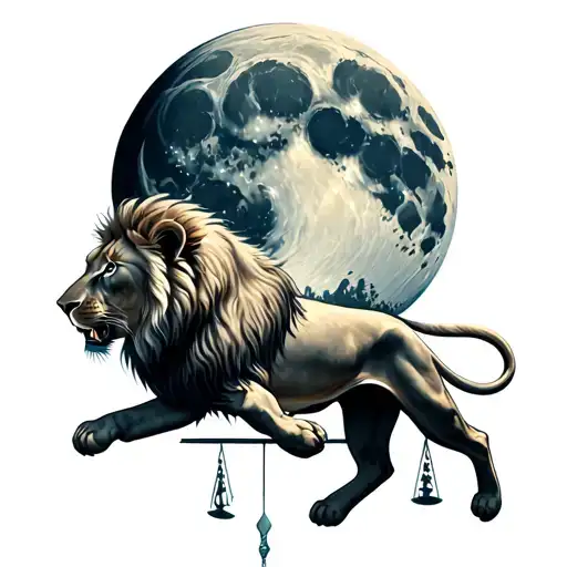 An Edgy Lion That Jumps On A Scale To Catch The Moon In A Beautiful Landscape