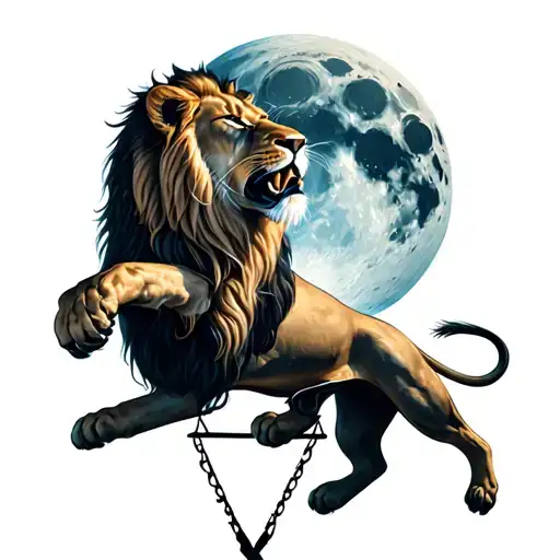 An Edgy Lion That Jumps On A Scale To Catch The Moon In A Beautiful Landscape