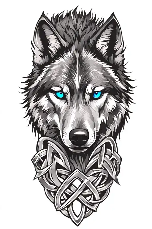 Wolf With Blue Eyes On Armor Tattoo Design Featuring Celtic Trinity Knot