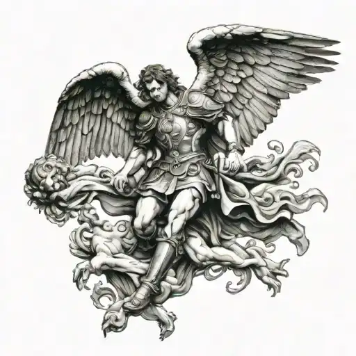 Saint Michael The Archangel Killing And Stepping On The Devil Lying Down