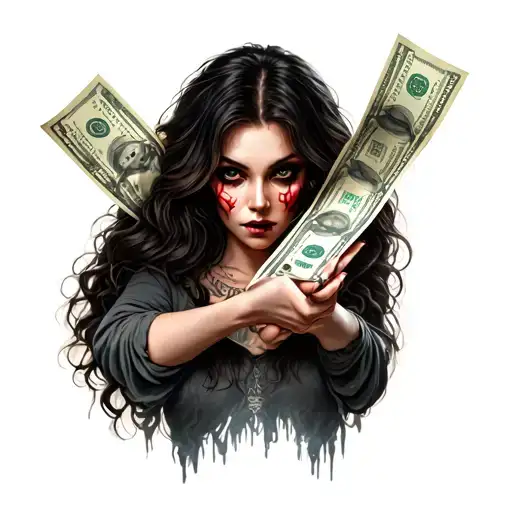 Evil Girl Holding Stack Of Cash