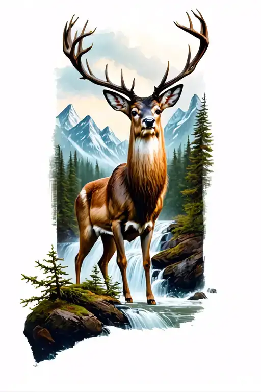 Deer Standing Forrest Waterfall Mountains
