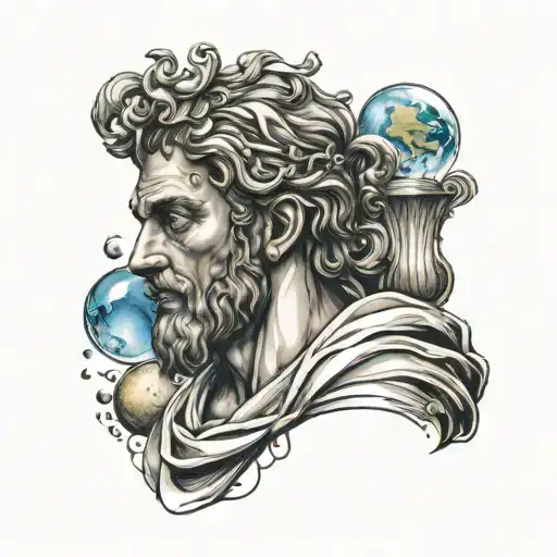 Greek God With A Jug Of Water Against The Backdrop Of Planets