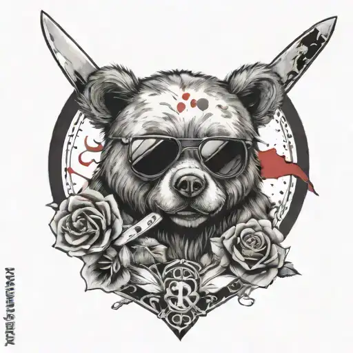 Trash Polka Style Tattoo Featuring Teddy Bear And Chef Knife