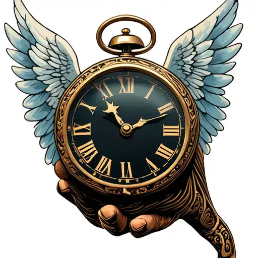 Hand Holding Clock With Wings