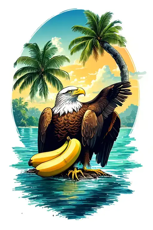 Eagle And Banana Tree On A Island Outline