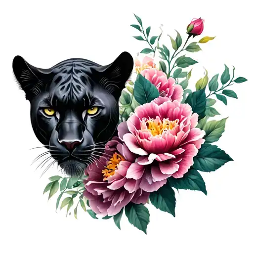 Black Panther Animal And Peonies Flower