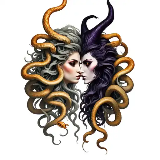 Medusa With 12 Snakes And Maleficent Facing Each Other